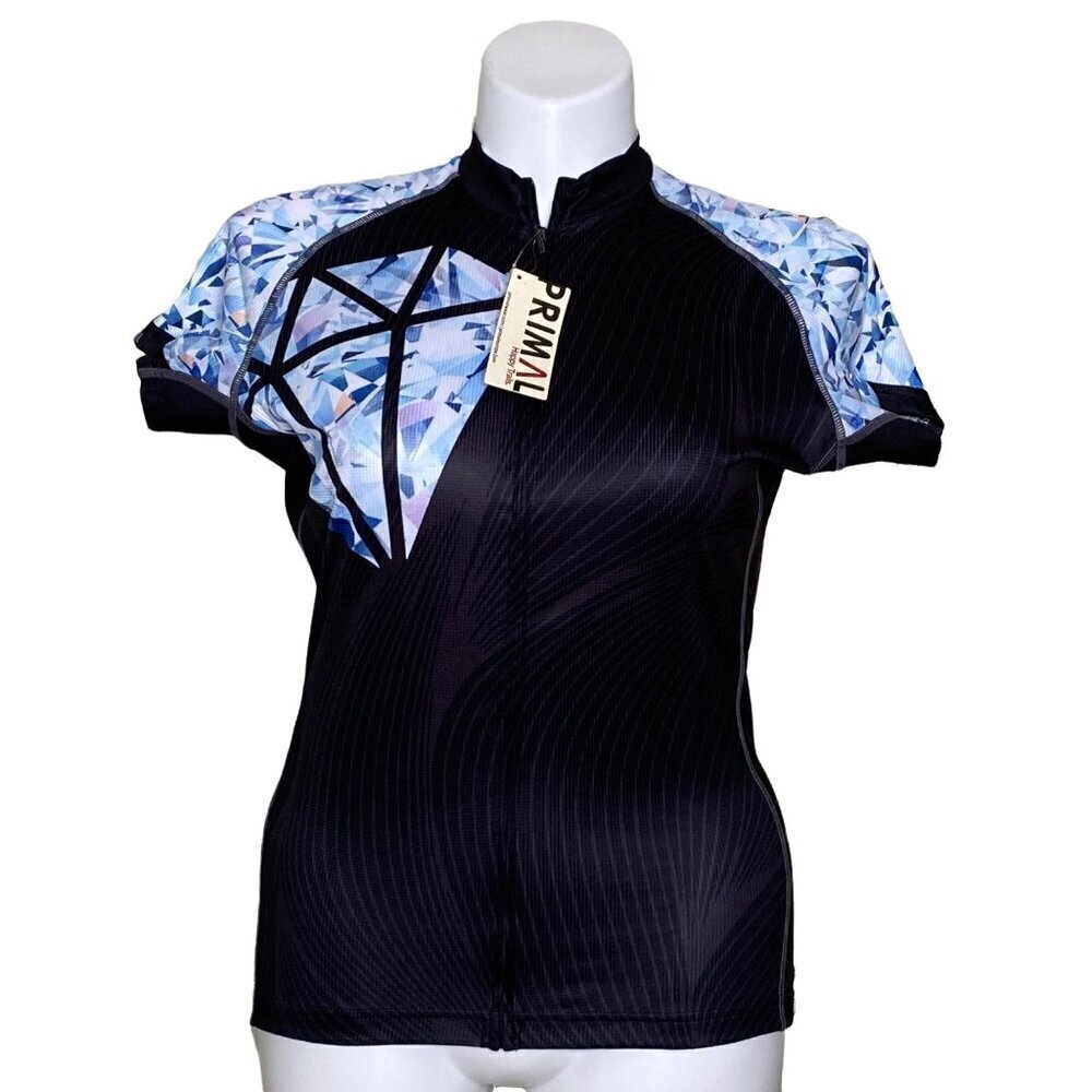Primal NWT Black/Blue Diamond Pattern Cycle Race Cut Jersey Front Zip Women's XL